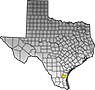 Map showing Kleberg County location within the state of Texas